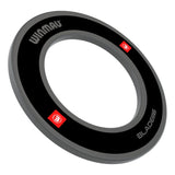 Angled view black dartboard surround ring isolated on white, showing Blade 6 branding for bristle dartboard protection