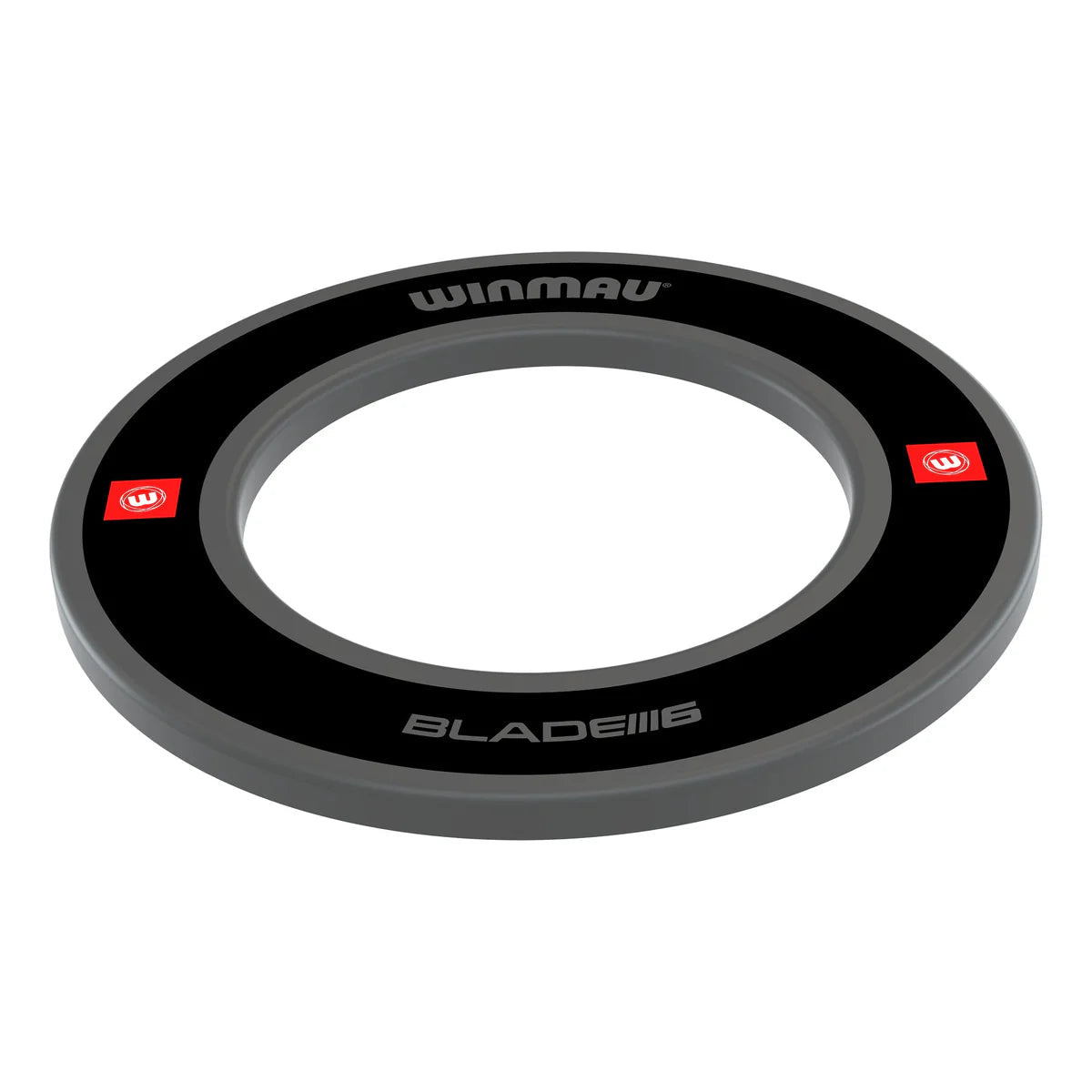 Black dartboard surround ring angled on white background highlighting sturdy protective edge for dartboards