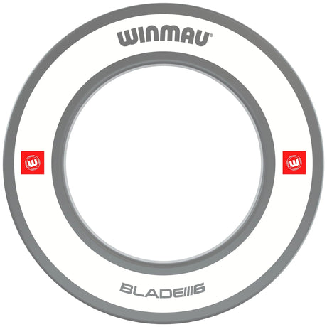 Full view white dartboard surround ring with grey trim, isolated on white, ideal for protecting walls from stray darts