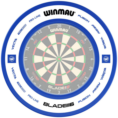 Top-down view of blue Pro-Line 2.0 dartboard surround fitted on dartboard, isolated on white, showing snug protective design for darts setup