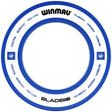 Top-down view of blue dartboard surround ring with white inner band, protective dart accessory, isolated on white background