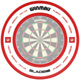 Top-down view of a red Pro Line 2.0 dartboard surround fitted on a dartboard, showing protection ring and clean installation