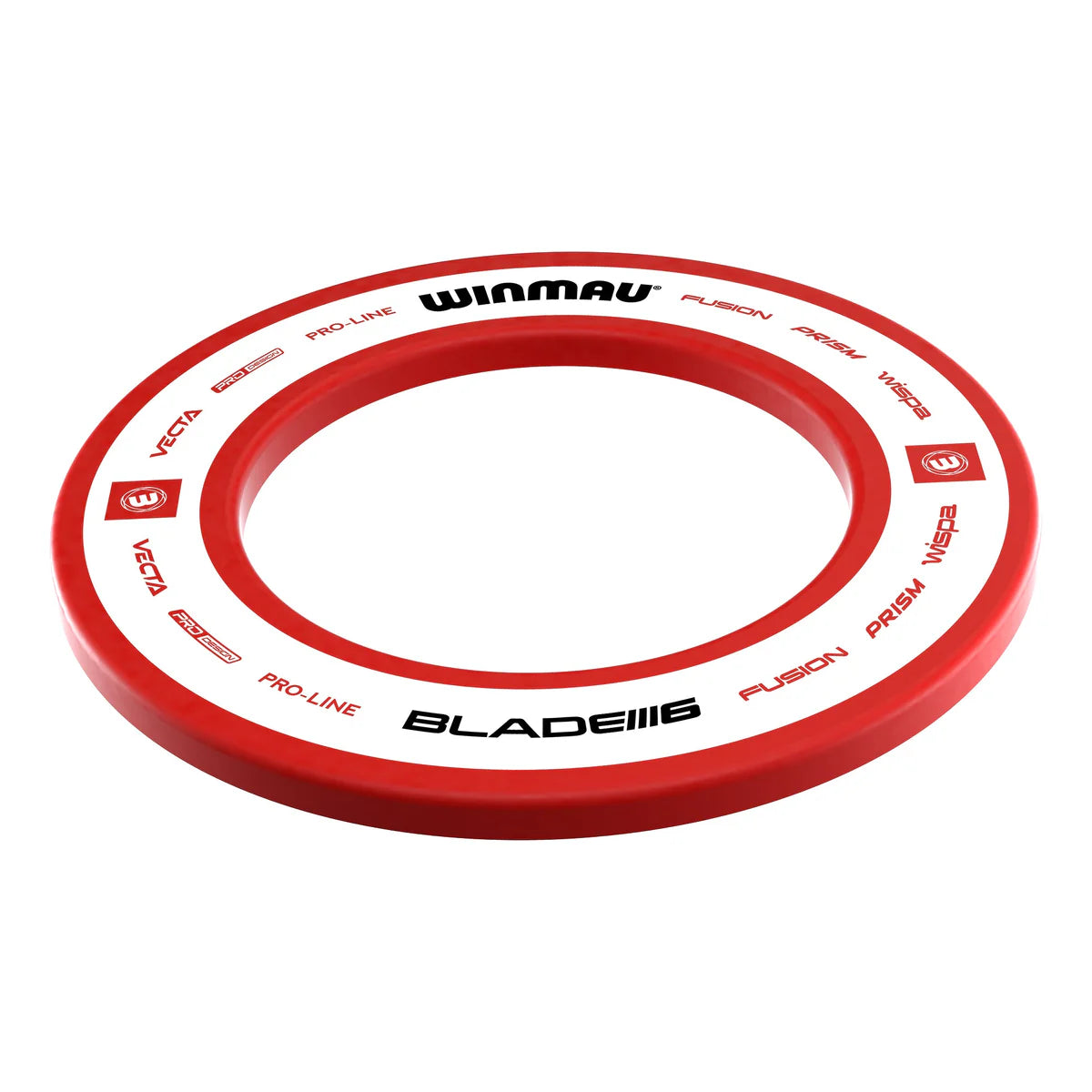Red and white Pro Line 2.0 dartboard surround angled view, full ring shape, isolated on white background