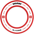 Top-down view of red and white dartboard surround ring, full product shot, durable dartboard protection accessory