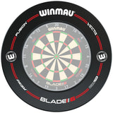 Top-down view of black dartboard surround fitted on dartboard, highlighting protective ring and snug fit for dart setup