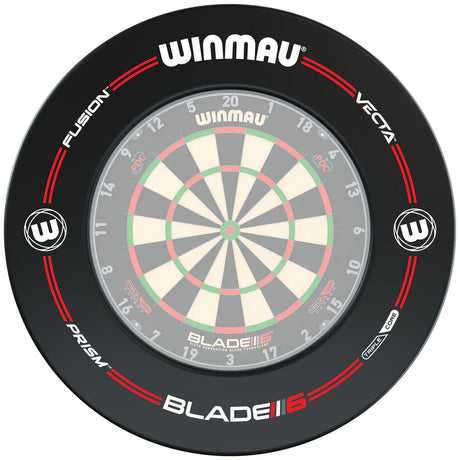 Top-down view of black dartboard surround fitted on dartboard, highlighting protective ring and snug fit for dart setup