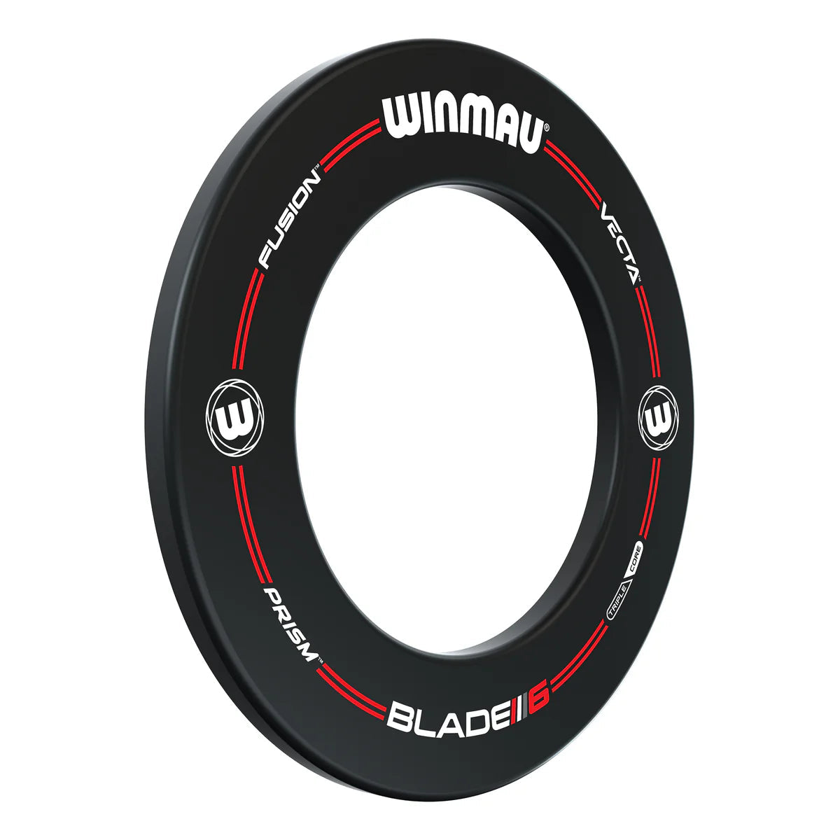 Angled view of black dartboard surround ring with red accents and printed logos, isolated on white background for dartboard protection