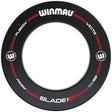 Black dartboard surround ring full view on white background with red detailing and clear product labels for dartboard protection