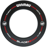 Black dartboard surround ring full view on white background with red detailing and clear product labels for dartboard protection