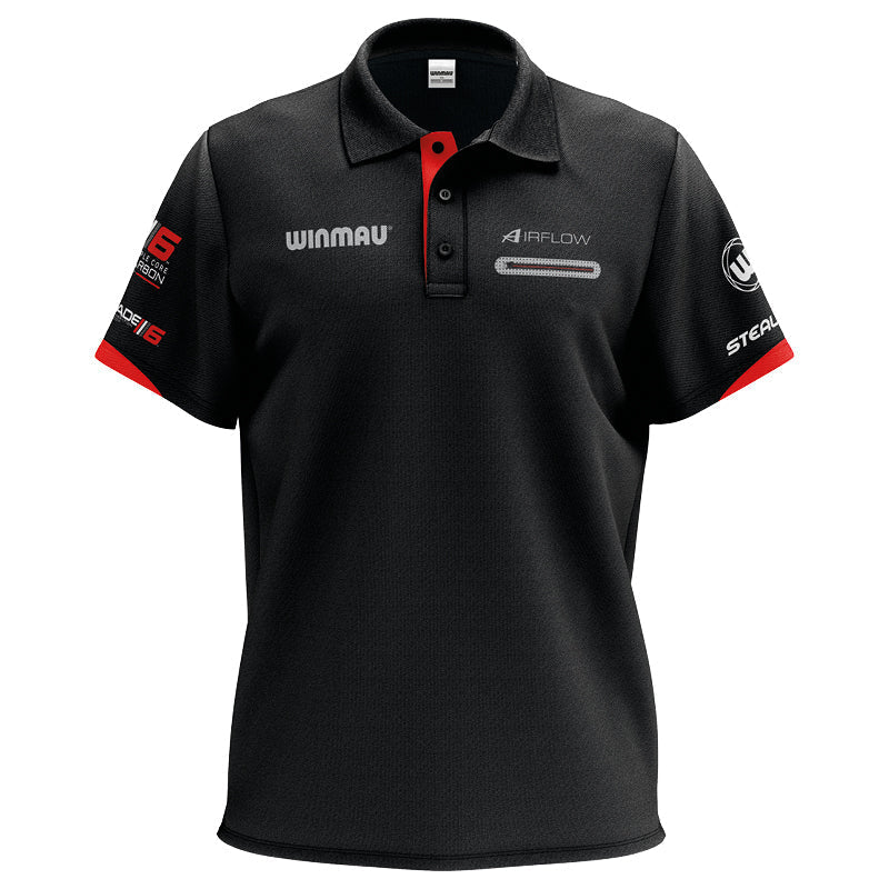 Front view of lightweight black darts polo shirt with red collar trim, technical fabric, and sponsor logos, isolated on white background