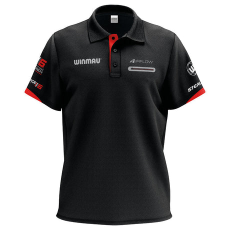 Front view of lightweight black darts polo shirt with red collar trim, technical fabric, and sponsor logos, isolated on white background