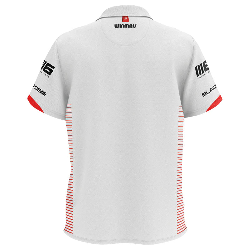 Back view darts shirt on white background, sleeve logos, red side stripes, lightweight polo design for dart players