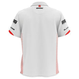 Back view darts shirt on white background, sleeve logos, red side stripes, lightweight polo design for dart players