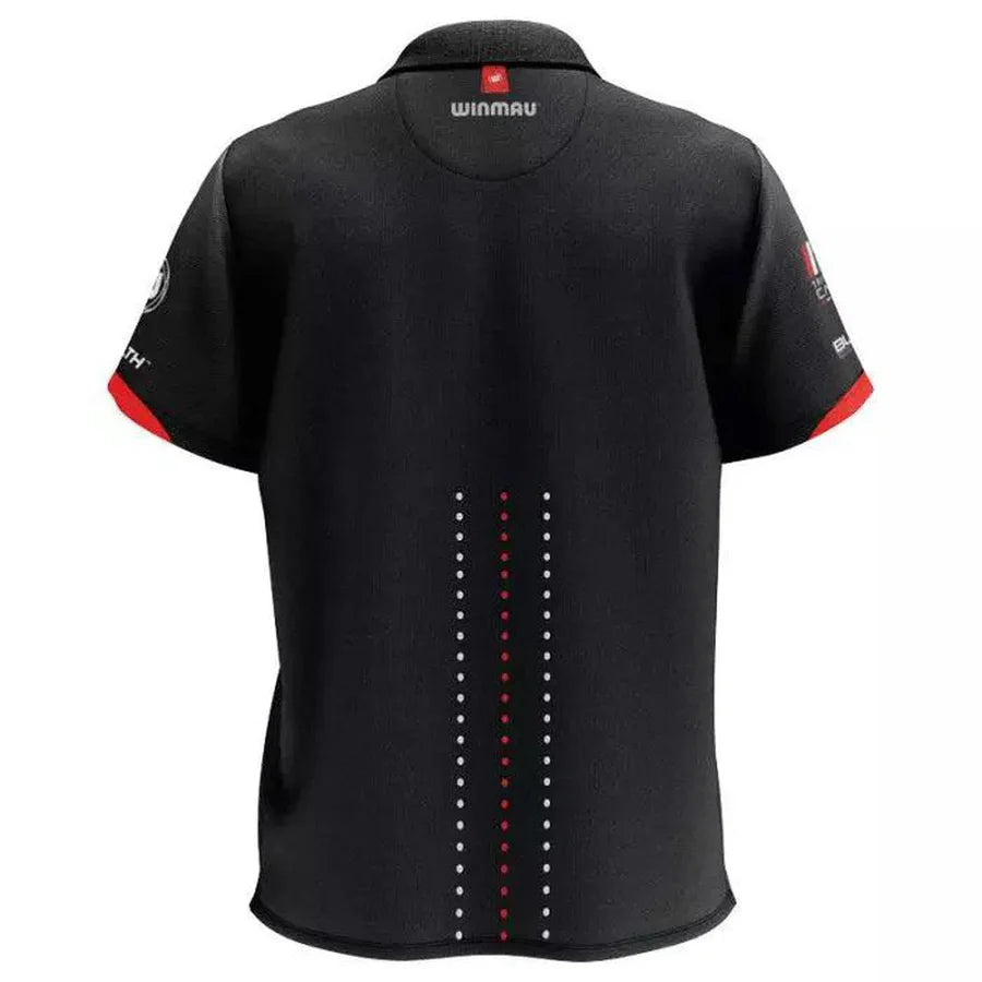 Back view of Pro-Line Tour Blade 6 darts shirt with red and white dotted stripe accents, technical fabric, isolated on white