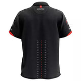Back view of Pro-Line Tour Blade 6 darts shirt with red and white dotted stripe accents, technical fabric, isolated on white