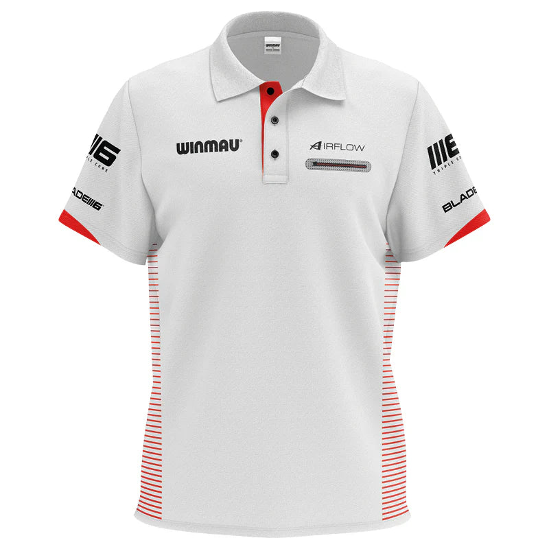 White Pro-Line Tour darts polo shirt full front view, isolated on white background, red accents and sleeve logos visible