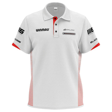 White Pro-Line Tour darts polo shirt full front view, isolated on white background, red accents and sleeve logos visible