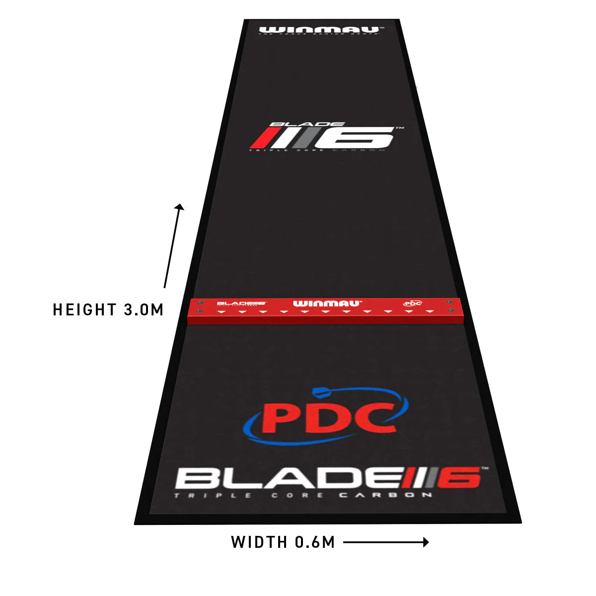 Full-length angled view of soft feel dart mat with integrated raised oche, floor size scale, and bold PDC Blade 6 logos