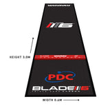 Full-length angled view of soft feel dart mat with integrated raised oche, floor size scale, and bold PDC Blade 6 logos