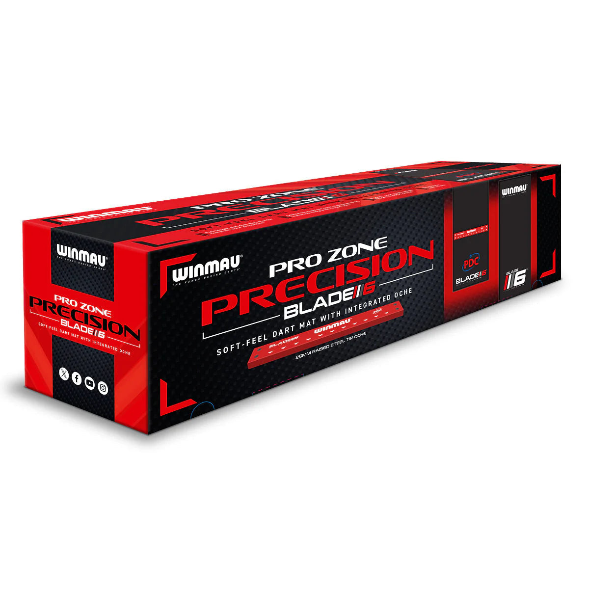 Angled view of boxed Pro Zone Blade 6 soft feel dart mat with integrated oche, isolated on white background for darts setup