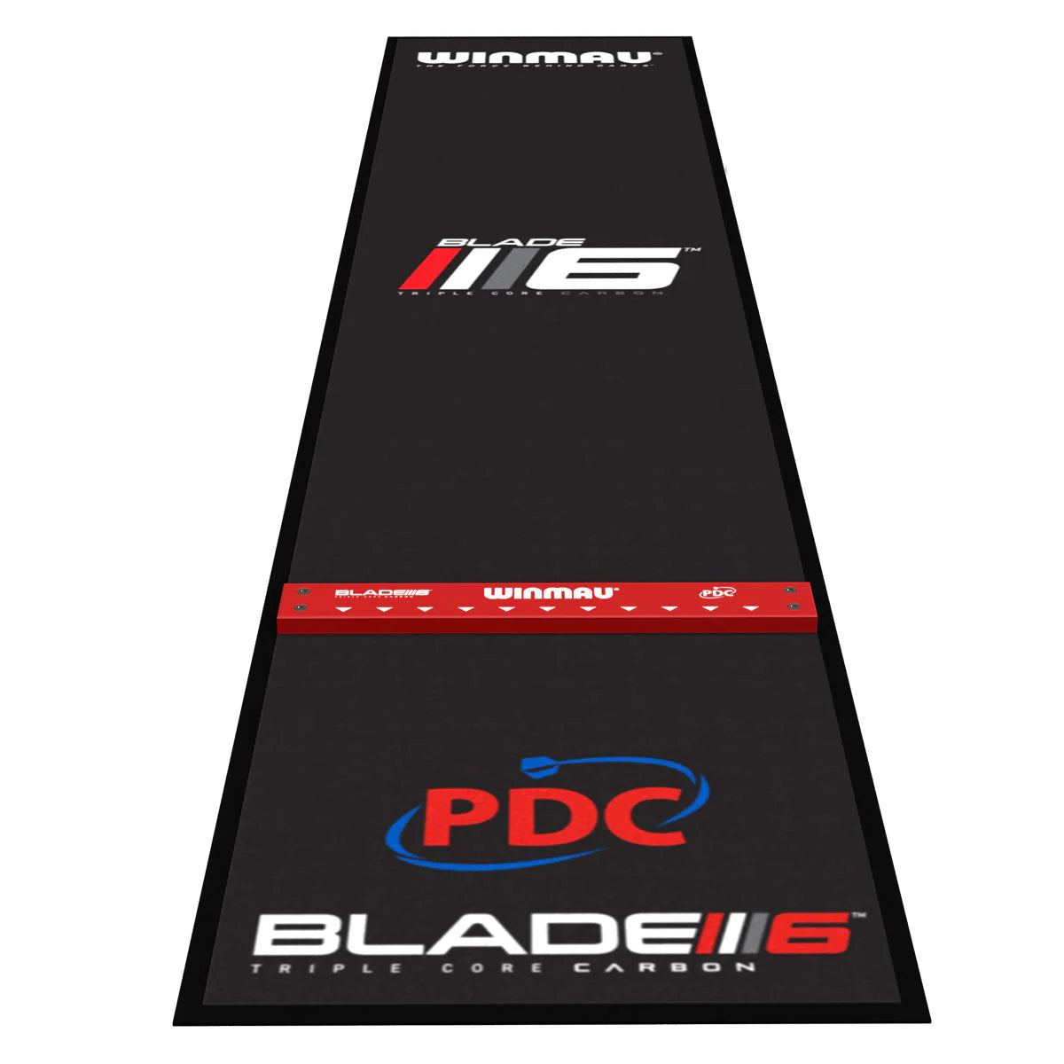 Full view angled dart mat with integrated raised oche, PDC and Blade 6 logos, isolated on white background