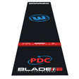 Full length precision PVC dart mat with oche line, PDC and Blade 6 graphics, isolated on white background