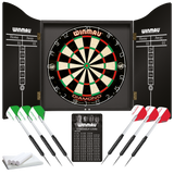Professional dartboard set in open cabinet with six steel tip darts, scoring chalk, and checkout card, front view for home darts setup