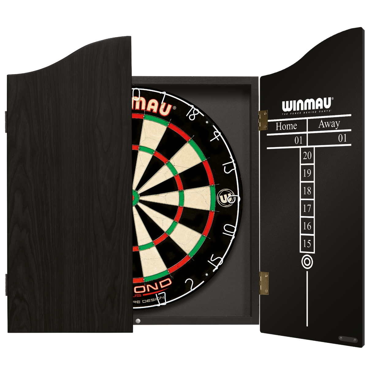 Tournament dartboard displayed in open black dart cabinet with visible home and away chalk scoreboard panel