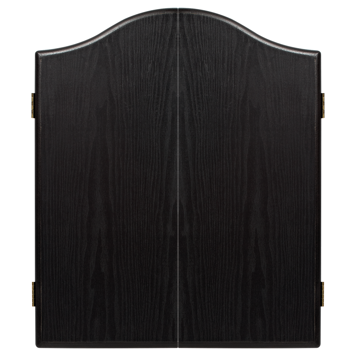 Full front view of closed dark wood dartboard cabinet, arched top, brass hinges, isolated, ideal for professional darts setup