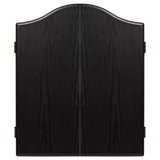 Full front view of closed dark wood dartboard cabinet, arched top, brass hinges, isolated, ideal for professional darts setup