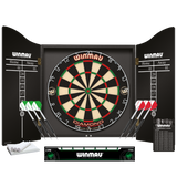 Tournament dartboard cabinet set with six steel tip darts, chalk, checkout card, and scoreboard, front view for professional darts setup