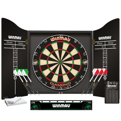 Tournament dartboard cabinet set with six steel tip darts, chalk, checkout card, and scoreboard, front view for professional darts setup