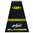 Full length PVC dart mat with oche distance markings, bold yellow graphics, and PDC branding, angled view on white background