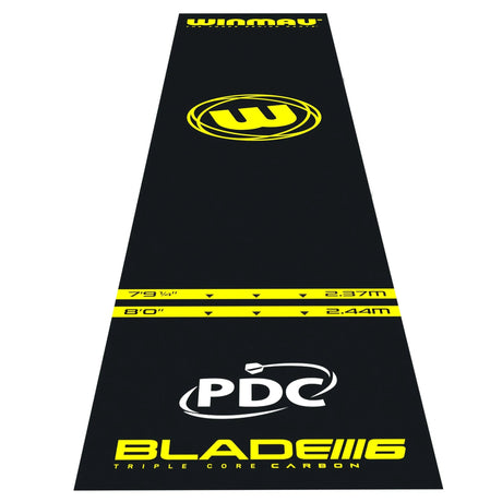 Full length PVC dart mat with oche distance markings, bold yellow graphics, and PDC branding, angled view on white background