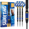 90% tungsten darts set with blue and gold ringed grip, custom Candy Man flights, full product view with packaging