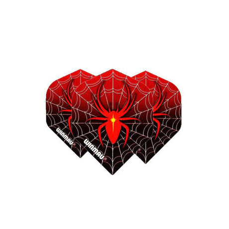 Three mega standard dart flights with red spider web pattern, displayed side by side on white background for dart setup