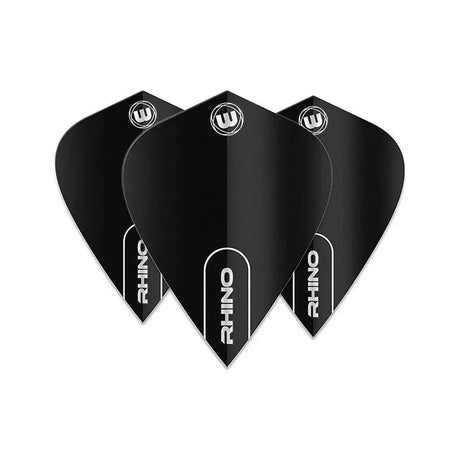 Three black kite dart flights arranged front-facing on white background highlighting durable 100 micron material and minimalist design