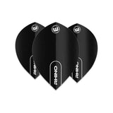 Three black pear-shaped dart flights arranged fan-style on white background, highlighting Rhino logo and 100 micron thickness for durability