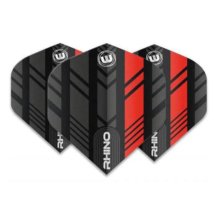 Three Rhino No.2 dart flights arranged on white background, black and red geometric design, standard shape, set of dart accessories