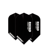 Three black slim dart flights arranged on white background, highlighting durable 100 micron material and RHINO LONG LIFE design