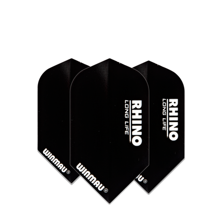 Three black slim dart flights arranged on white background, highlighting durable 100 micron material and RHINO LONG LIFE design