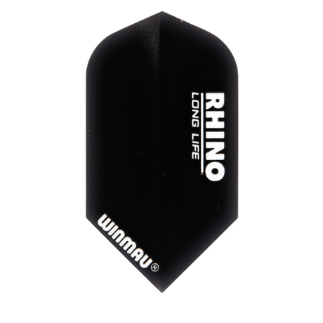 Black slim dart flight close-up on white background, featuring 'RHINO LONG LIFE' text, ideal for precision dart setup