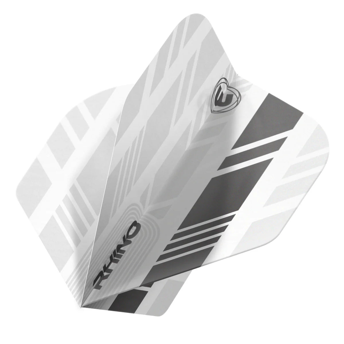 Angled close-up of No.2 dart flight with white and grey stripe design, showing durable material and flight shape for dart accuracy