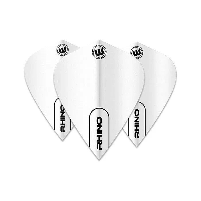 Three white kite dart flights arranged fanned on white background showing Rhino logo, durable 100 micron material, ideal for dart setups.