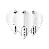 Three white kite dart flights arranged fanned on white background showing Rhino logo, durable 100 micron material, ideal for dart setups.