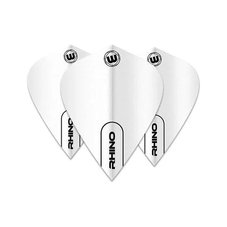 Three white kite dart flights arranged fanned on white background showing Rhino logo, durable 100 micron material, ideal for dart setups.