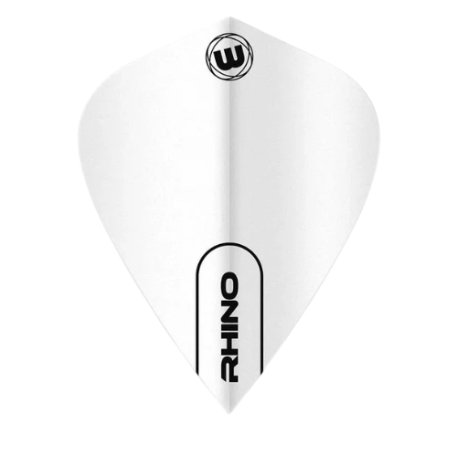 Kite-shaped white dart flight with black Rhino logo, isolated on white, highlighting 100 micron durable material for darts