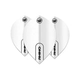 Three white pear dart flights with bold black Rhino text, arranged fanned out on white background for darts setup