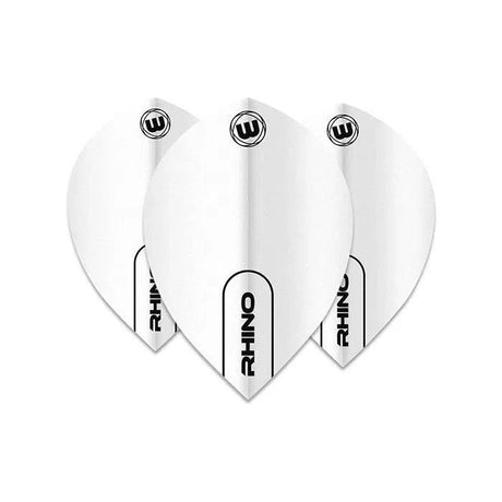 Three white pear dart flights with bold black Rhino text, arranged fanned out on white background for darts setup