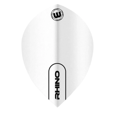 Pear-shaped white dart flight with RHINO text, full product view isolated on white background, highlighting design and shape.